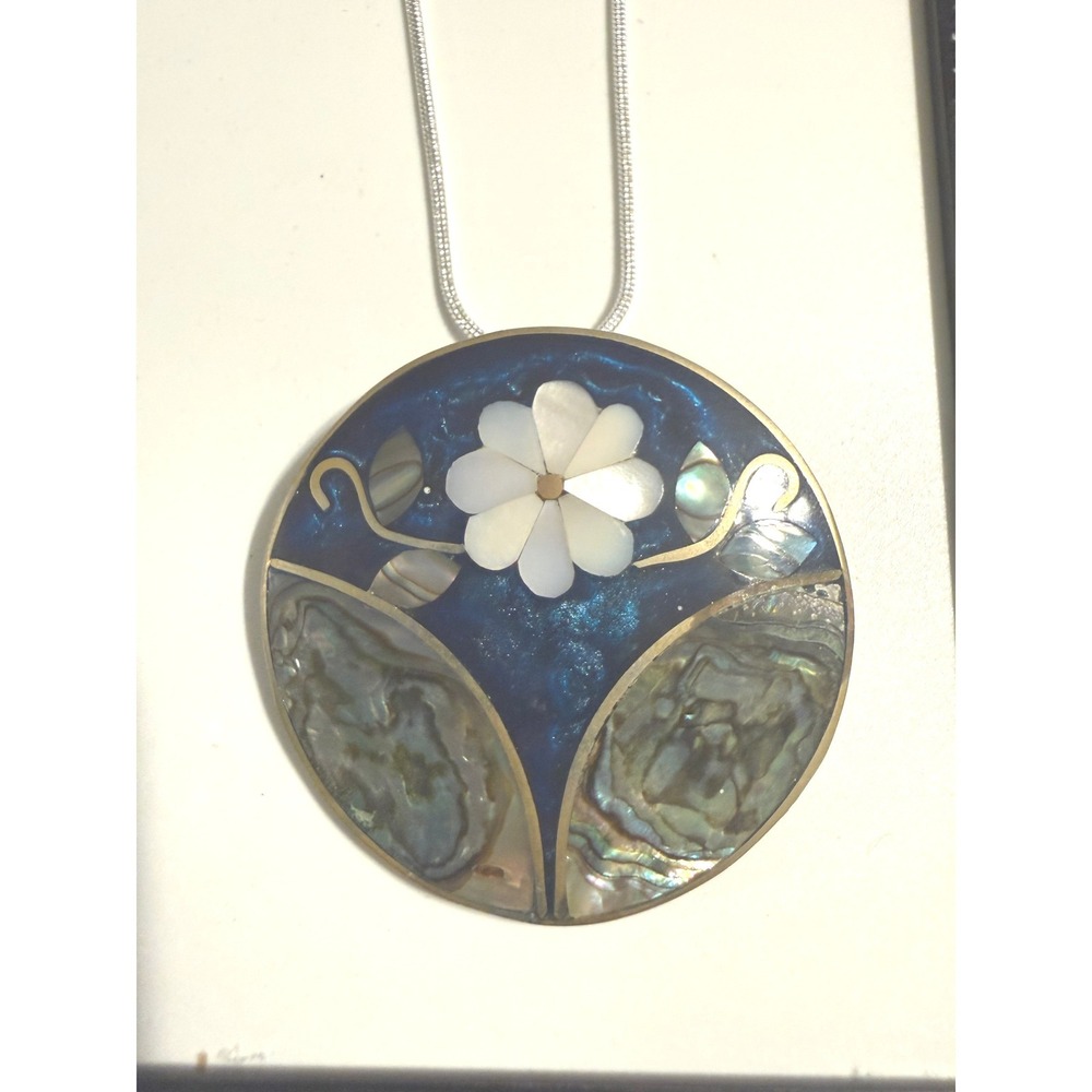 Vintage‎ Alpaca Mexico Abalone Mother of Pearl Flower Brooch Necklace Blue